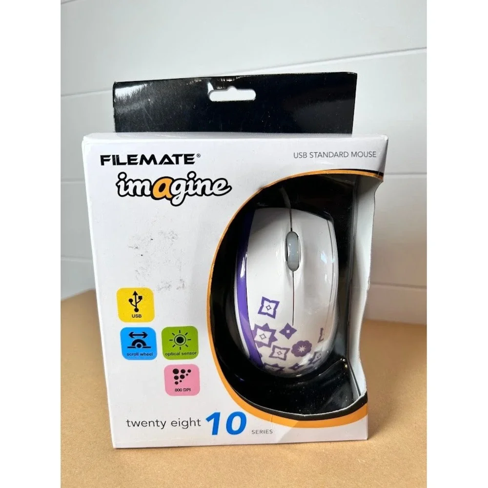 Filemate Imagine 10 Series‎ USB Standard Mouse White Purple Floral NB-3708 New